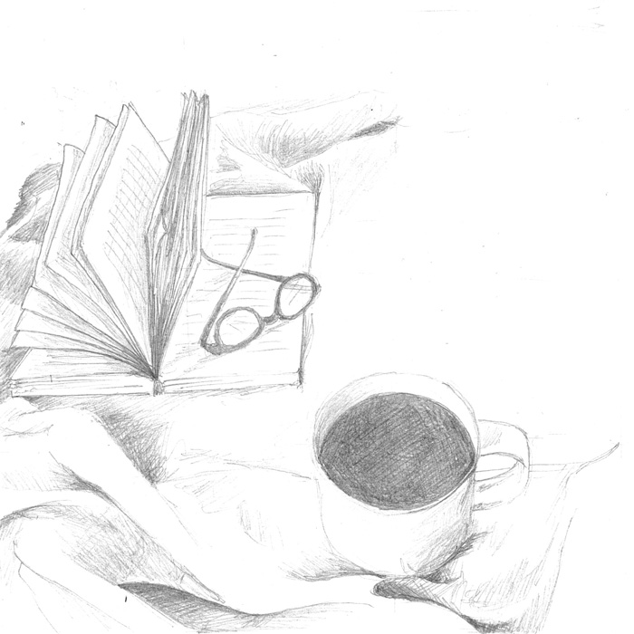 Illustration réalisée par Judith Gillet : un livre ouvert avec des lunettes de vue, un café, le tout sur une couverture